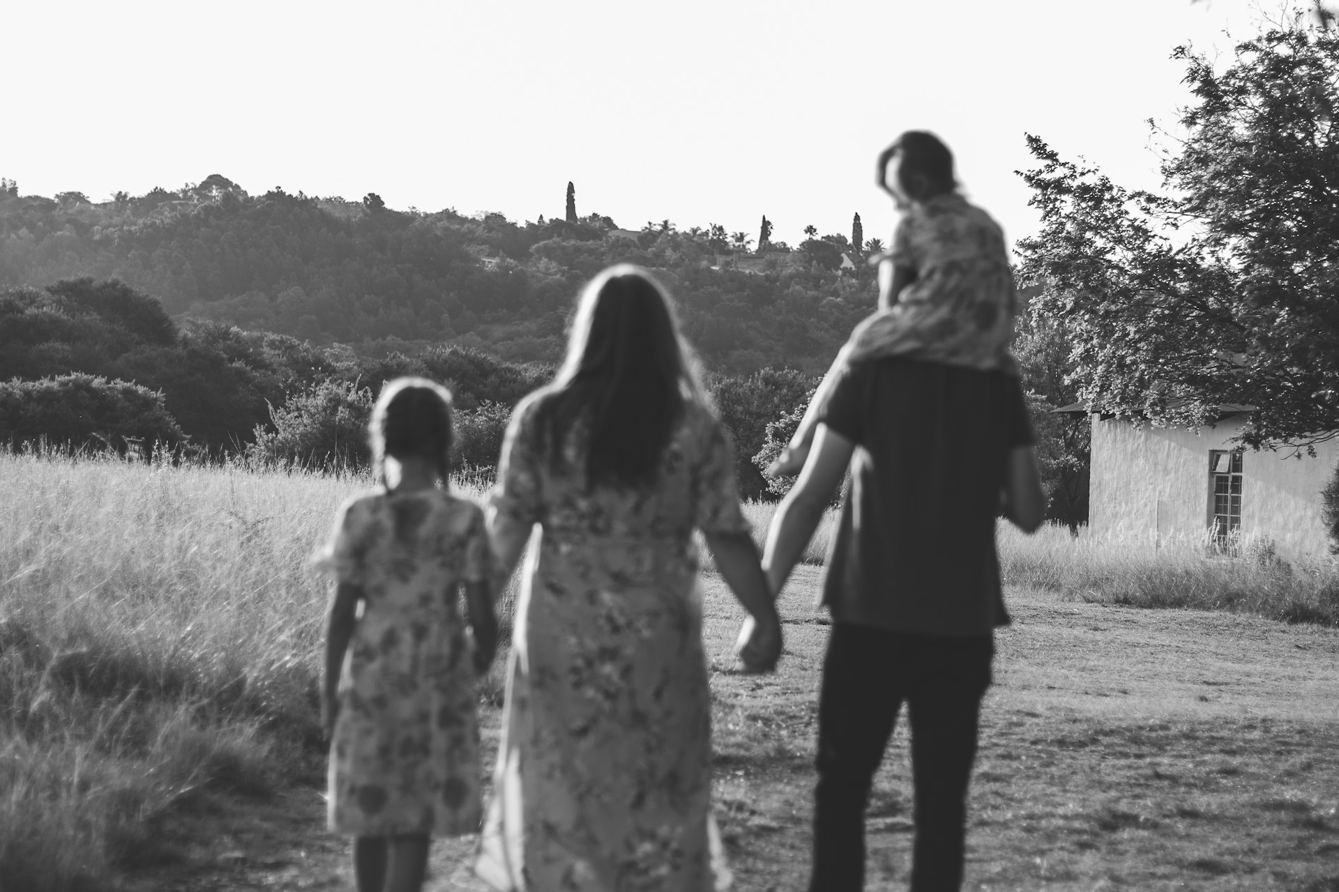 A family of four walking hand in hand through a field, seen from behind